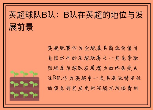 英超球队B队：B队在英超的地位与发展前景